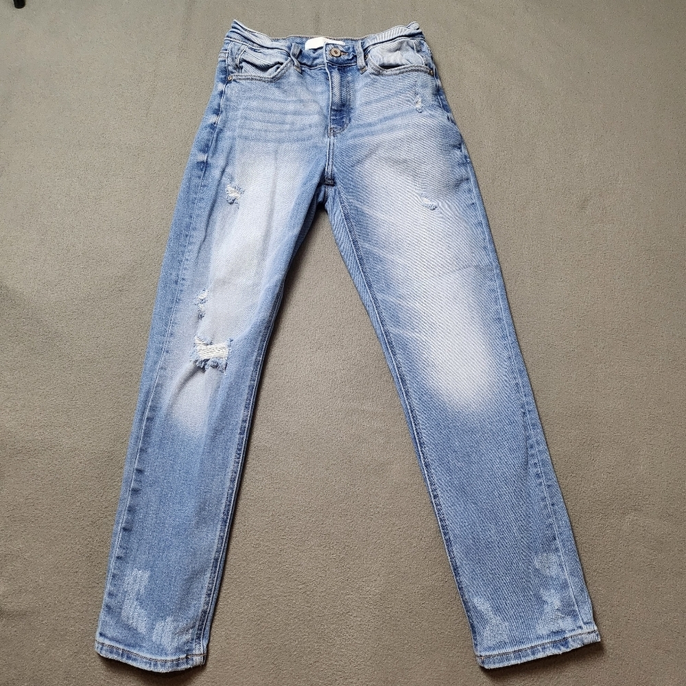 KanCan Distressed High Rise Jeans Straight Leg Frayed Ripped Stretch Sz 26